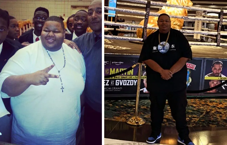 Jamal before and after losing 150 lbs. of his weight